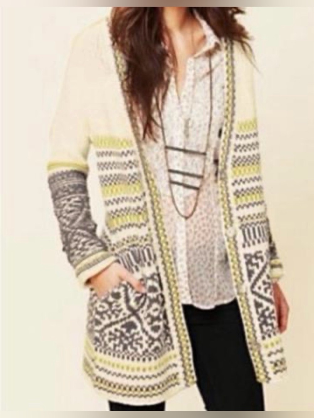 Free People Annabelle Nordic chunky knit cardigan sweater Small long cream gray